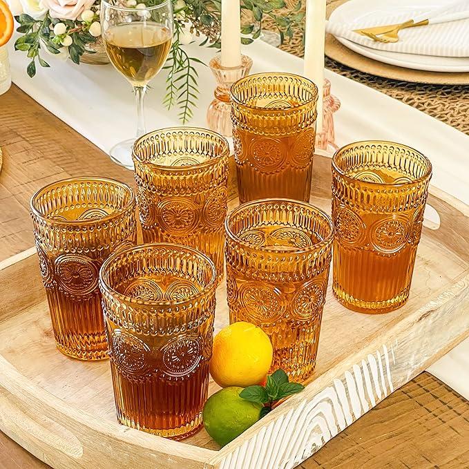 Kate Aspen Vintage Textured Amber Striped Drinking Glasses Set of 6-13 oz Ribbed Glassware with Flower Design | Cocktail Set, Juice Glass, Iced Coffee Cup, 6 Pieces