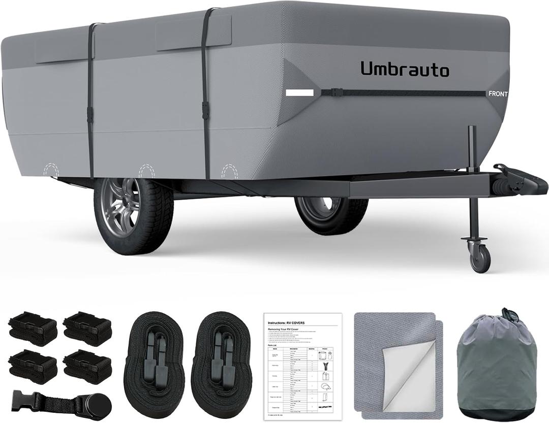 Umbrauto Pop Up Folding Camper Cover Fits 16'-18', Upgraded 7 Layers Top Tent Trailer Cover Waterproof Extra Thick Polypropylene Breathable Ripstop Pop Up Folding Trailer Cover