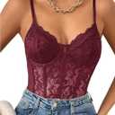 Milumia Women's Sexy Floral Lace Sheer Mesh Corset Bodysuit Spaghetti Strap Cami Tops Going Out (Large, Burgundy)