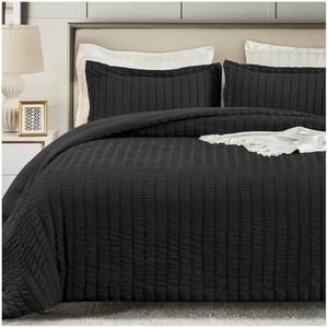 satisomnia Queen Comforter Set Black, Soft Seersucker Comforters Queen Size Bed, 3 Pieces Lightweight Down Alternative Bedding Comforter Full Sets All Season, Fluffy Comforter with 2 Shams 90x90 in