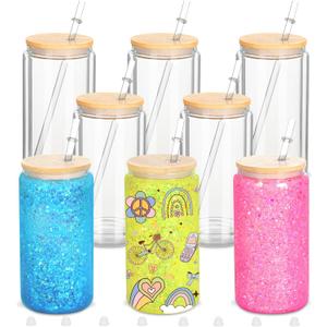 Micellwuu 8 Pack 16 Oz Sublimation Snow Globe Tumbler, Snow Globe Cups with Pre Drilled Hole, Double Wall Beer Can Glass Mason Jar Mug with Bamboo Lids and Straws for Snowglobe DIY