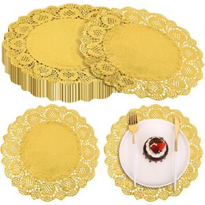 MCEAST 100 Pack Round Gold Paper Doilies 13.5 Inches Lace Place Mats Rustic Scallop Doily Disposable Paper Table Pads for Food Cakes Crafts Party Weddings Tableware Decor