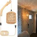 Frideko Rattan Wall Lamp with Plug in Cord Hand Woven Plug in Wall Sconces Paper Rope Wall Light Farmhouse Wall Sconce Wall Mounted Light Boho Wall Sconces Wall Lighting for Bedroom Living Room
