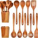 Gudamaye 13 inch Long Wooden Spoons for Cooking, 9 PCS Natural Teak Wooden Kitchen Utensil Set with Utensils Holder Made of Australia Camphor Laurel WoodWooden Utensils for Cooking