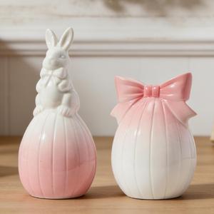 DN DECONATION Easter Decorations Bunny and Egg Figurines Set, Pink to White Gradient Easter Spring Home Decor, Ceramic Rabbit Egg Sculpture for Farmhouse Tabletop Centerpiece Wedding Gifts 2PCS