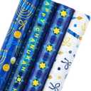 WRAPAHOLIC 30 Inch Hanukkah Wrapping Paper Roll - Jumbo Roll Menorahs, the Star of David, Candles Design for Chanukah Celebration - 4 Rolls - 30 Inch x 120 Inch Per Roll