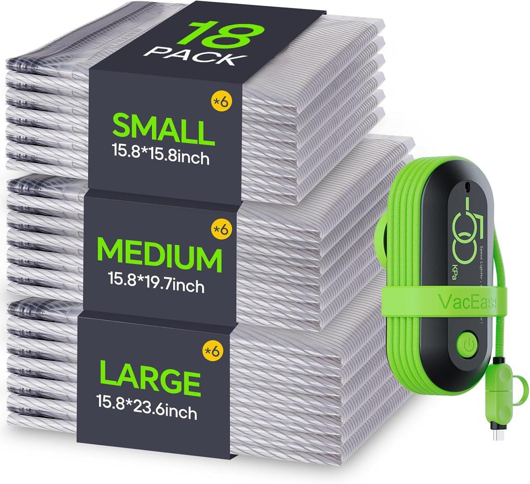 Vacuum Bags for Travel with USB Pump, 18 Pack Compression Travel Vacuum Bags for Luggage and Suitcase, Carry-on Size Space Saver Bags for Clothes and Clothing