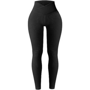 OQQ Women's  Yoga Leggings Ribbed Seamless Workout High Waist Cross Over Athletic Exercise Leggings (Medium, Black)
