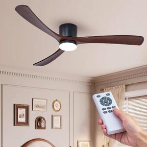 60" Wood Ceiling Fan with Lights Remote, Reversible DC Motor 6-Speed Ceiling Fan, 3 Blades Low Profile Flush Mount Ceiling Fans, Modern Ceilingfans for Low Profile, Walnut and Matte Black