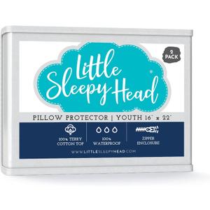 Little Sleepy Head Waterproof Pillow Protector (2-Pack), 100% Terry Cotton Pillow Covers with Zipper Hypoallergenic, Noiseless Protector for Youth Pillows