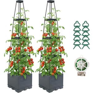 2 Pack Raised Garden Bed Planter Box with Trellis, 58 Tomato Planter with Trellis for Climbing Plants Vegetables Vine Flowers, Self-Watering Tomato Cage for Garden Patio Outdoor & Indoor