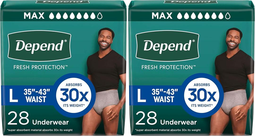 Depend Fresh Protection Adult Incontinence Underwear for Men (Formerly Depend Fit-Flex), Disposable, Maximum, Large, Grey, 56 Count, Pack of 4