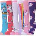 POEATEZO 3-12 Years Girls Knee High Socks Kids Funny Animal Pattern Warm Cotton Long Tall Boot Socks 6 Pairs (One Size, Pink Unicorn)