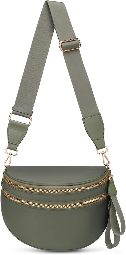 Pure Colour Crossbody Bum Bags for Women Spacious Checkered Cross body Bag Nylon Trendy Fanny Pack for Travel (Beans Green)