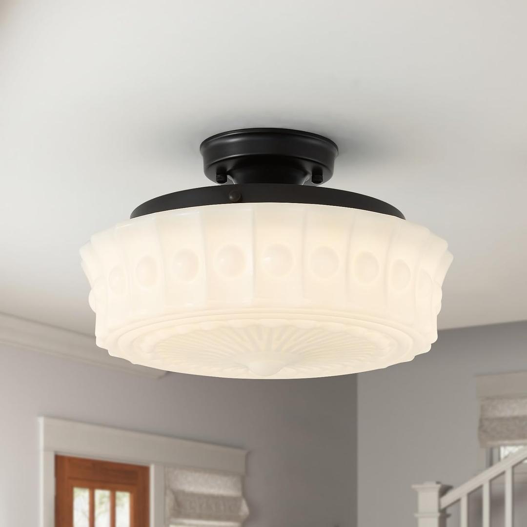 Schoolhouse Light Fixture Modern Black Flush Mount Ceiling Lighting 14" Milk White Glass Shade Vintage Ceiling Light for Farmhouse Kitchen Hallway Entryway
