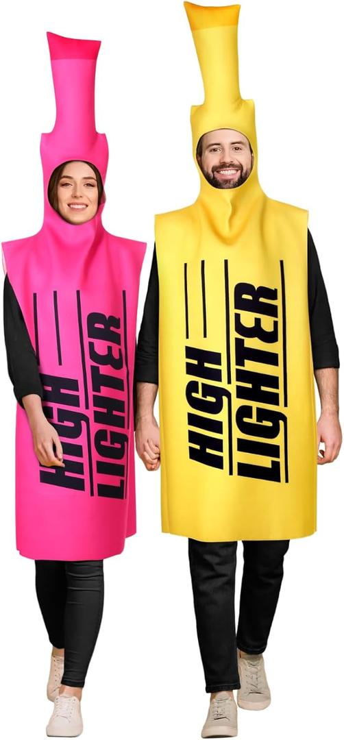 Seenelling 2 Set Pink Yellow Highlighter Costume for Adults Halloween Fancy Funny Highlighter Office Supplies Outfit for Cosplay Dress up One Size