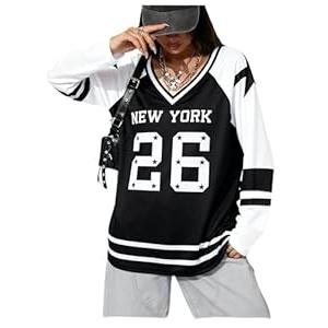 Oversized Jersey Shirts for Women - V Neck Jerseys Shirt Team Number Y2k Streetwear Long Sleeve Tops White Black, Medium