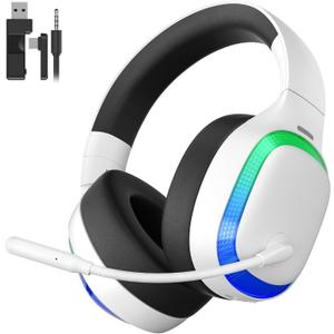 2.4Ghz Wireless Gaming Headset for PS5, PS4, PC, Mac, Bluetooth 5.4 Gaming Headphones with Noise Canceling Mic, 70H Battery, Surround Sound, Lay-Flat & Foldable - RGB White