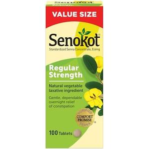 Senokot Regular Strength Senna Laxative Tablets Constipation Relief for Adults, 100 count, EXP 2027-11