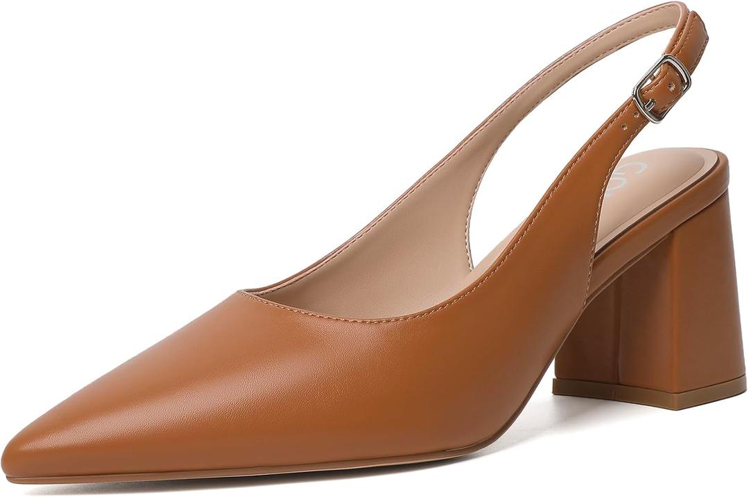Mostrin Block Slingback Heels for Women Pointed Closed Toe Chunky Heels Office Work Shoes Women's Pumps for Business Casual (9.5, Brown)