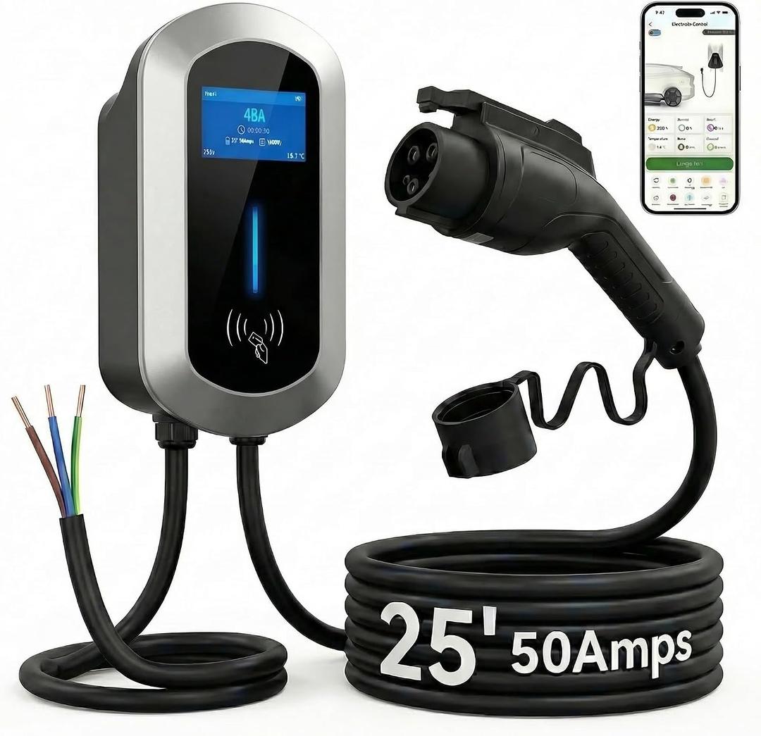 Fullwatt Level 2 EV Charger 50 Amp/12KW, 240V Hardwired Electric Car Charger with J1772 Connector & Display, Wi-Fi and Bluetooth Enabled Electric Vehicle Charging Stations IP65 RFID, 25FT Cable, Grey