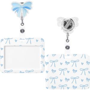 Geyoga Dusty Blue Bow Gifts Set Includes Horizontal ID Badge Holder and Retractable Badge Reel with Alligator Clip Funny Name Tag Card Holder for Worker Doctor Nurse Teacher Office Accessories