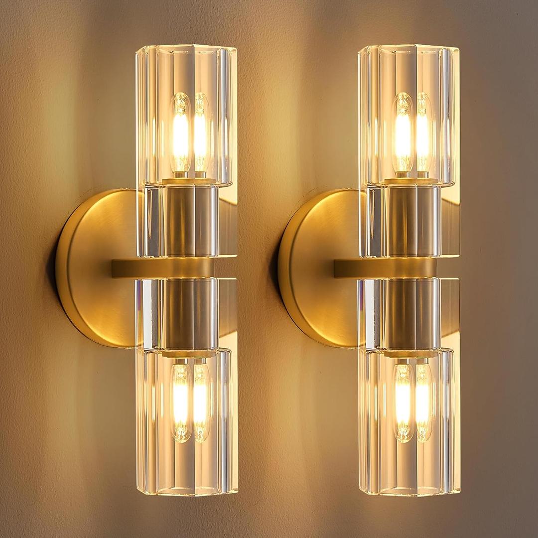 Crystal Wall Sconces Set of Two, 13" Modern Brass Sconces Lighting with K9 Crystal Lampshade,Indoor Wall Sconce Bedroom Wall Light Fixtures for Living Room Bathroom Hallway Stairs Entryway