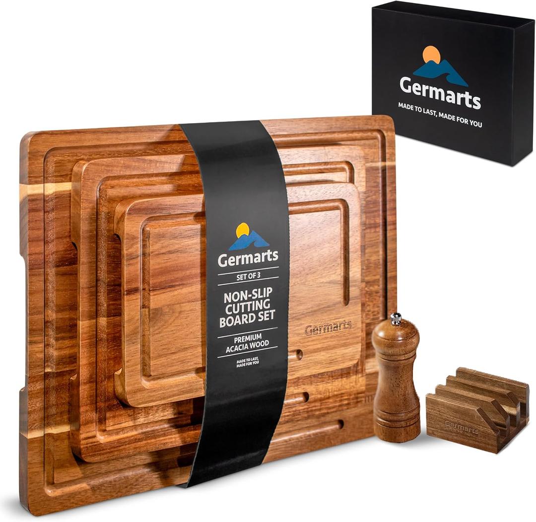 Wooden Cutting Board Set of 3 Acacia Wooden Cutting Boards for Kitchen Design with Holder to Home Decor, Kitchen Gadgets for Cooking, Serving, Camping and Charcuterie Boards, Includes Grinder