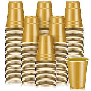Lounsweer 100 Pcs 16 oz Disposable Party Cups Plastic Heavy Duty Drinking Water Cups for Graduation Baby Shower Wedding BBQ Birthday Picnic Party Supplies(Gold)