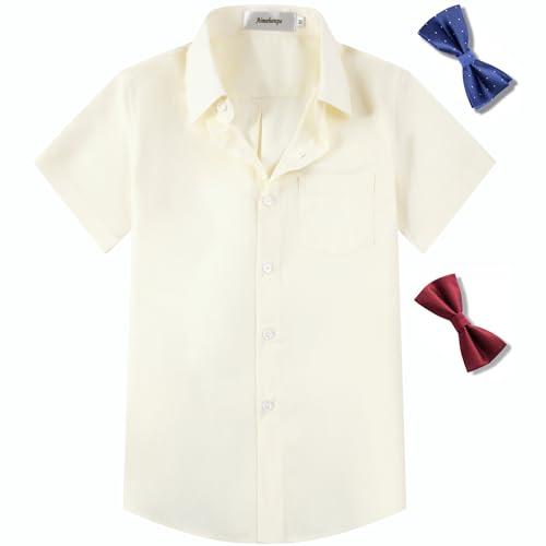 Aimehonpe Boys Short Sleeve Dress Shirts Solid Poplin Soft Stretch Fabrics with Two Bow Tie Set, Ivory, Large