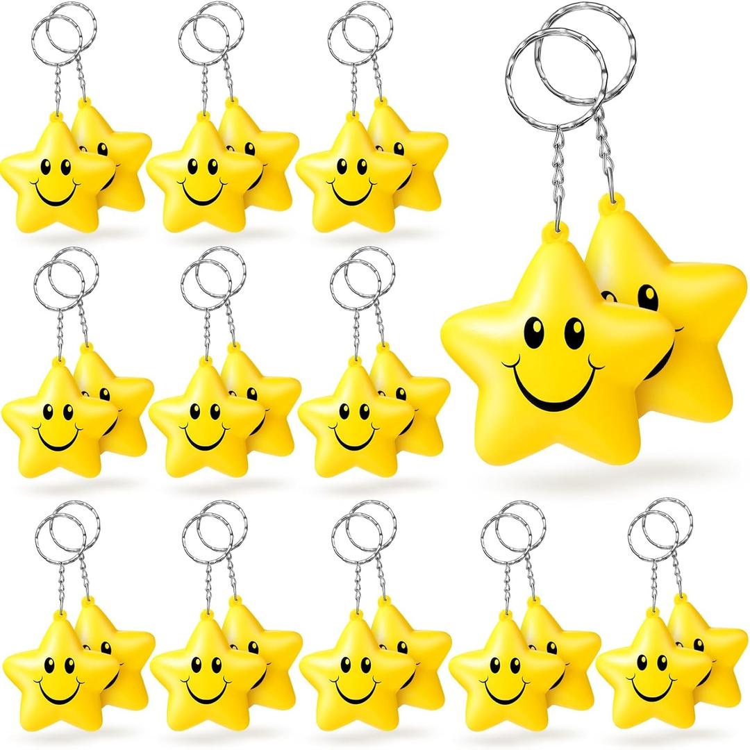 24 Pack Star Stress Keychains Bulk for Adults, Smile Face Stress Relief Keychains, Foam Fidget Squeeze Sensory Stretchy Toy Gifts Party Favors for Coworker Classroom Prize Basket Stuffers(Yellow)