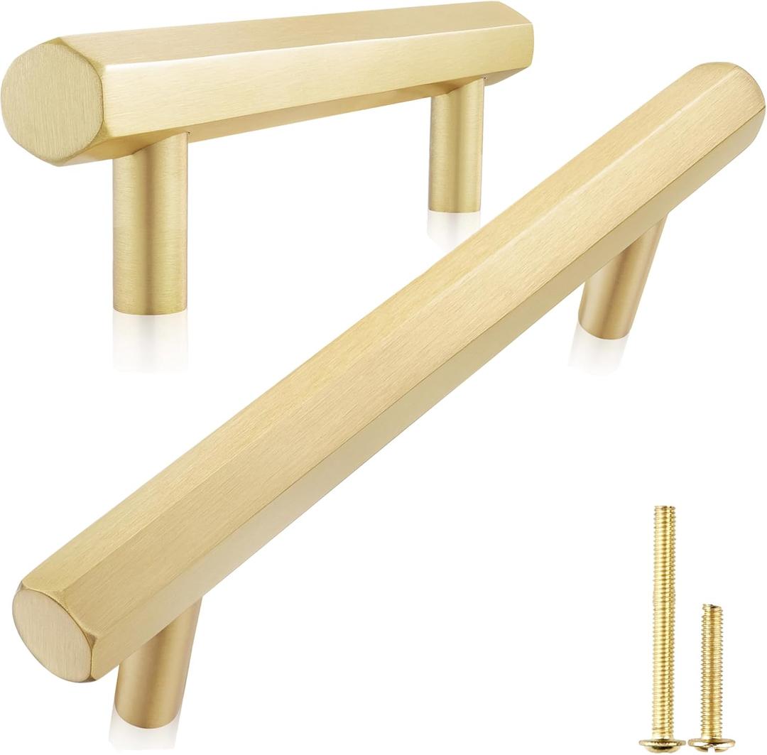 QOGRISUN 2-Pack Solid Brass Cabinet Pulls Hexagon Drawer Handles, 5-Inch Hole Center, Suitable for Kitchen Bathroom Dresser Cupboard Hardware, 6.6-Inch Total Length, Brushed Finish
