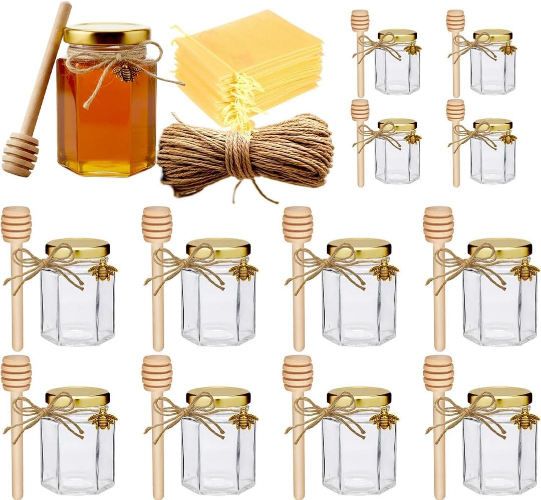 Adabocute 4oz Hexagonal Honey Jars - Glass Honey Jars with Gold Lids, Wooden Dippers, Bee Charms and Jutes - Hexagon Jars for Baby Shower, Wedding and Party Favors, 12 Pack