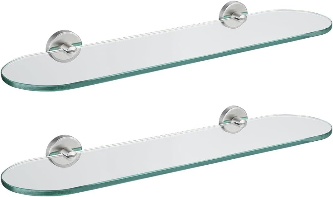 JQK Bathroom Glass Shelf, Floating Tempered Glass Shower Storage 20 by 5 inches, 304 Stainless Steel Brushed Finish Wall Mount 2 Pack 2 Pack, TGS121L20-BN-P2