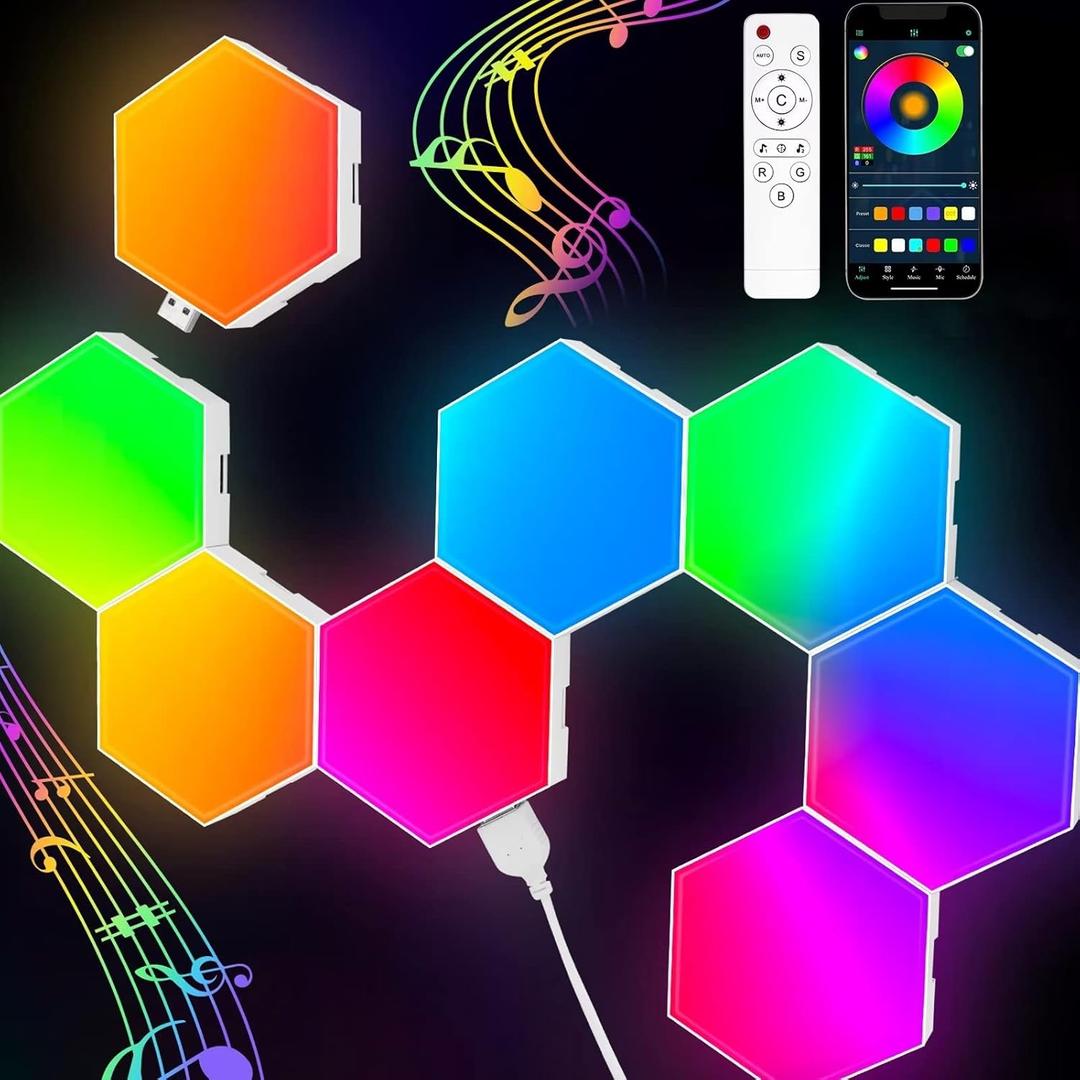 TISOFU Hexagon Lights (8 Pack) LED Wall Panels, RGB Gaming Lights with APP, Smart Modular Panel Hex Tiles Push Glide Expansion Shapes Light