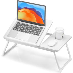 FISYOD Foldable Laptop Desk for Bed Couch, Adjustable Split Lap Desk with Cup Holder, Portable Lightweight Bed Table Tray, Heavy-Duty Laptop Stand for Working, Writing, Reading and Eating - White