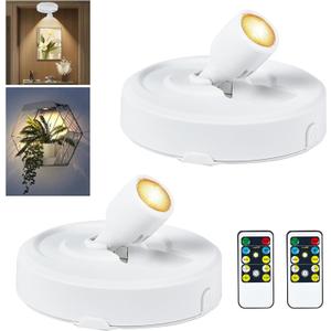 RAHAN 2Pack Battery Operated LED Spotlight, Picture Spot Lights, Indoor Uplights with Remote Dimmable & Timer, Plants Puck Light, Wall Display Lights for Dartboard Paintings Portrait Artwork