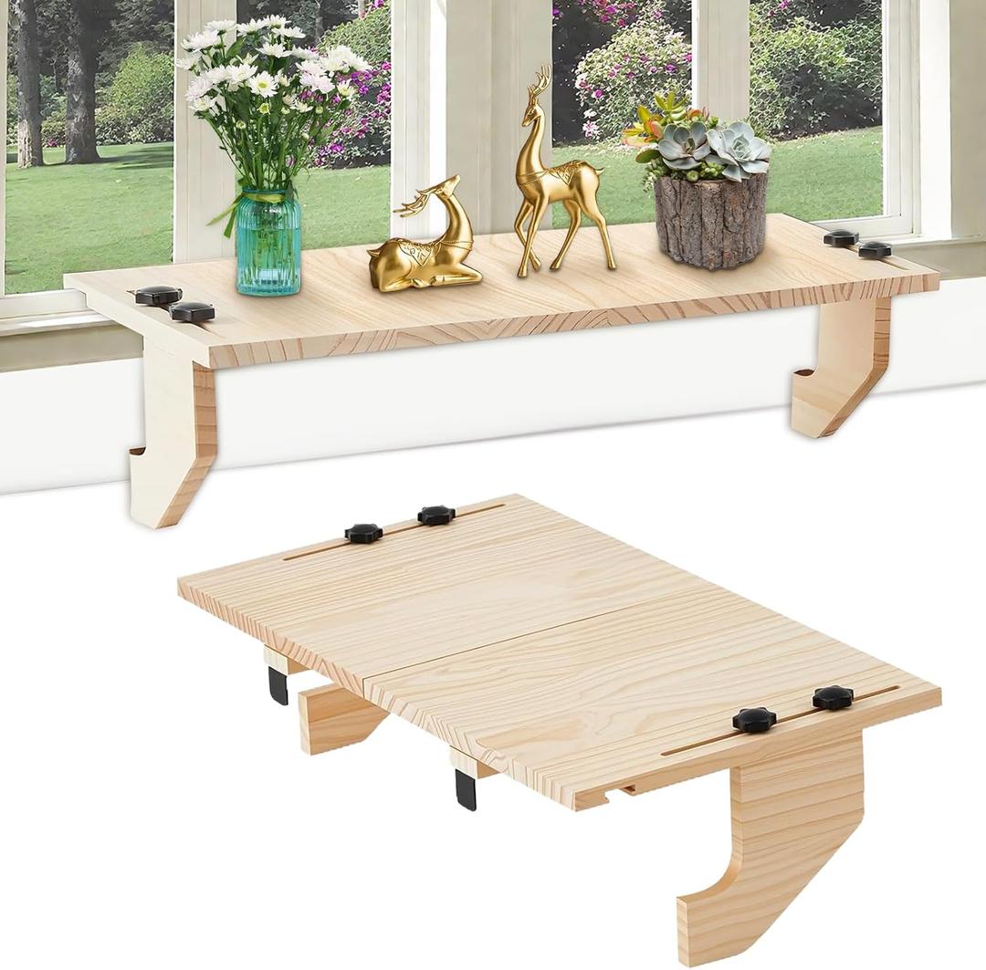 Wooden Window Plant Shelf Stands, 22" Sill Extender for Indoor Plants No Drilling, Renter Friendly Design Easy Installation Without Damage