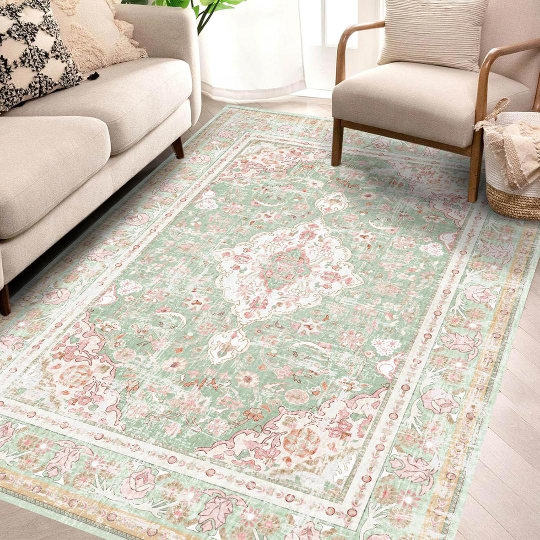 Vhong Washable Area Rugs Boho Vintage Modern Neutral Small Carpet Green and Pink High Traffic Rugs 46 for Dinning Room Living Room Bedroom Farmhouse Non Slip