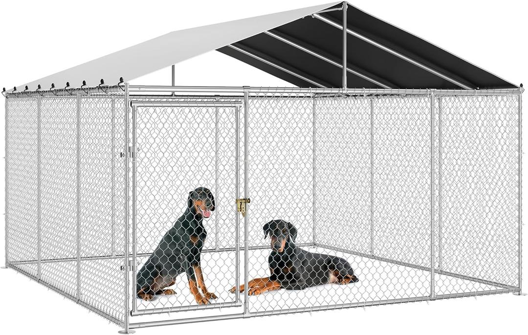 DWVO 14.8'x14.8' Large Outdoor Dog Kennel with Roof, Dog Pens Outside with Metal Dog Gate, Dog House Large Dogs for Yard