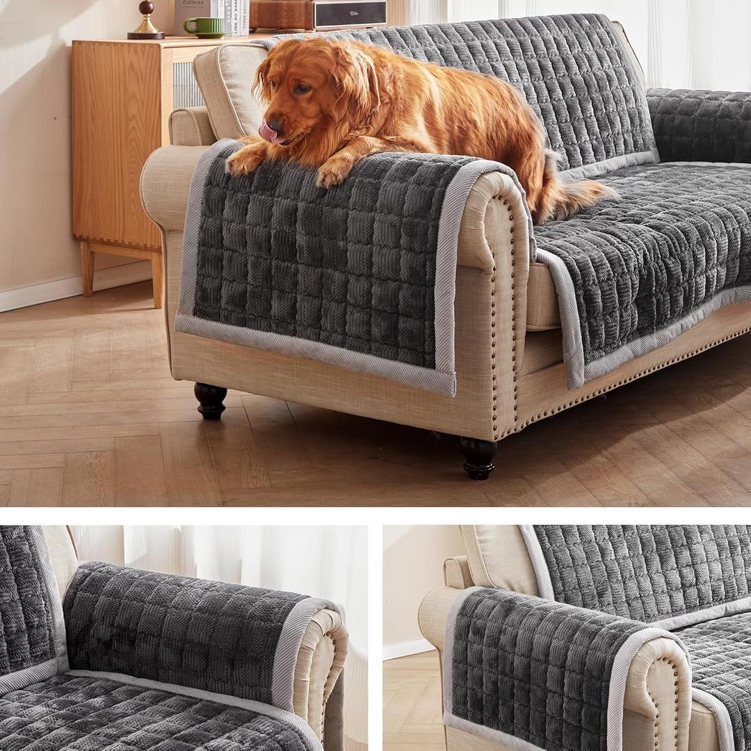 Couch Cover for Dogs Washable,Anti-Slip Back Mat Pet Pad Blanket for Furniture Protector,Fuzzy Pet Sofa Cover for 3 Cushion Couch Sofa Pets Friendly(Dark Gray, 2pc/28"x28"-Arm/Backrest Cover)
