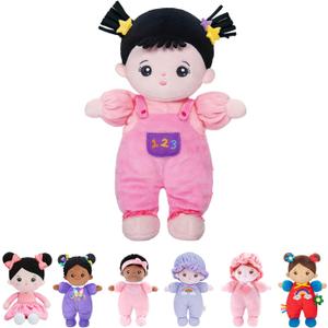 OUOZZZ 10" Soft Baby Doll for Girls - First Baby Doll Plush Rag Doll Sleeping Cuddle Buddy Pink Straps Black Hair Asian Doll Toy for Kids (B-bandeau Pants)