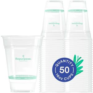 Repurpose 100% Compostable Plant-Based Clear Cold Cups, 16oz, 50 Count, BPA Free, No PFAS Added, FDA Non-Toxic, Certified BioBased