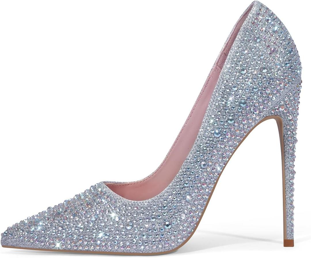 Elisabet Tang Women Pumps, Pointed Toe High Heel Glitter Rhinestone Heels Sparkly Prom Shoes Stiletto Wedding Heels for Bride Shoes for Women (9, Silver)