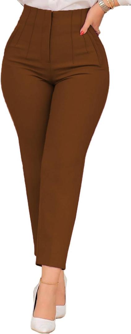 Womens Straight Leg Pants 2026 High Waisted Stretchy Business Casual Work Pants Dress Office Trousers with Pockets (Medium, Deep Brown)