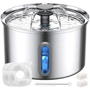 Cat Water Fountain Stainless Steel, 118oz/ 3.5L Large Capacity Automatic Pet Water Dispenser for Drinking with Level Window, Ultra Quiet Pump, 2 Replacement Filters & Pre-Filter Sponges for Dog (Silver)