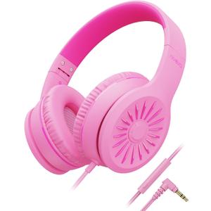 Wired Headphones with Microphone, K16 On-Ear Headphones for Kids with 3.5MM Jack, Foldable Stereo Bass Headphone for Teens School Amazon Kindle, Fire, Chromebook, Tablet (Pink Red)