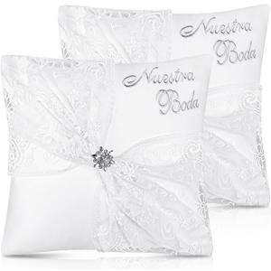 SmoothNovelty Set of 2 Wedding Kneeling Pillows Cover, 17 x 15 Inch Embroidered Nuestra Boda Prayer Kneeling Pillows, Cushion Covers Crystal Flower Satin Lace, Decoration for Bodas(Classic)