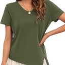 Womens Loose Fit Crew Neck T-Shirts Summer Split Asymmetry Short Sleeve Tee Shirt Plain Outfit Tops (Green, XL)