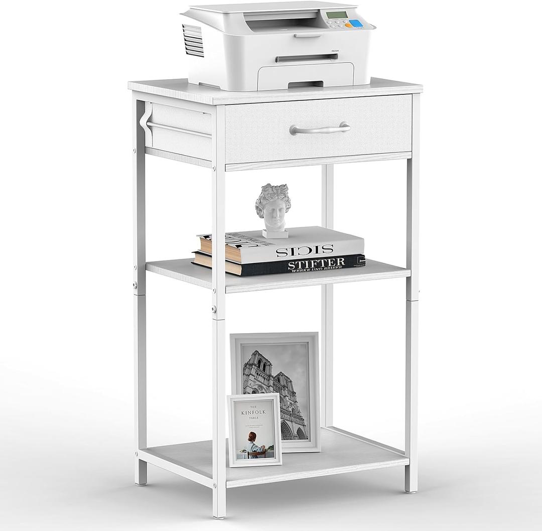 Printer Stand with Storage, Bedside Tables with Drawers, 3 Tier Printer Desk for Small Spaces, Office Side Table White, Small Table Stand for Home Office, Nightstand for Living Room, Bedroom